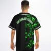 Neon green marbled baseball jersey modeled from back with split panels and bold arched lettering