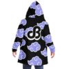 Model shown from behind wearing black cloak with lavender clouds and large stylized JB emblem