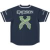 Navy bass-inspired jersey featuring a large grey patterned crossed-axes emblem with neon trim, back view