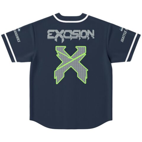 Navy bass-inspired jersey featuring a large grey patterned crossed-axes emblem with neon trim, back view