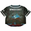 Back view of the rave cropped baseball jersey with an astronaut and eerie forest graphic