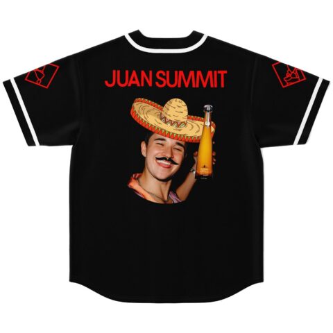 Back view of black rave baseball jersey with “JUAN SUMMIT” text and sombrero portrait graphic