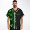 Neon green marbled baseball jersey modeled from front with black contrast panels and white trim