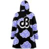 Back view of black cloak with repeated lavender cloud pattern and large stylized JB emblem