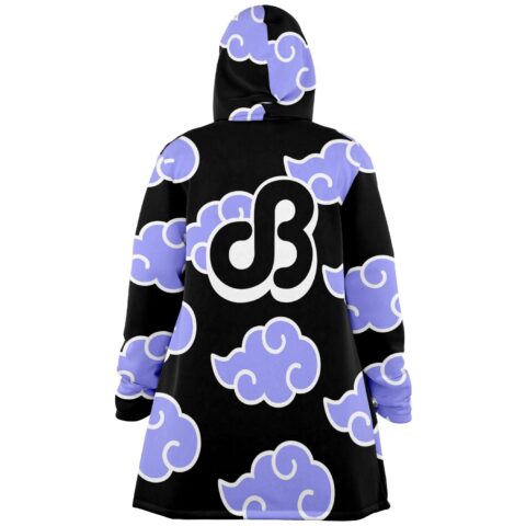 Back view of black cloak with repeated lavender cloud pattern and large stylized JB emblem