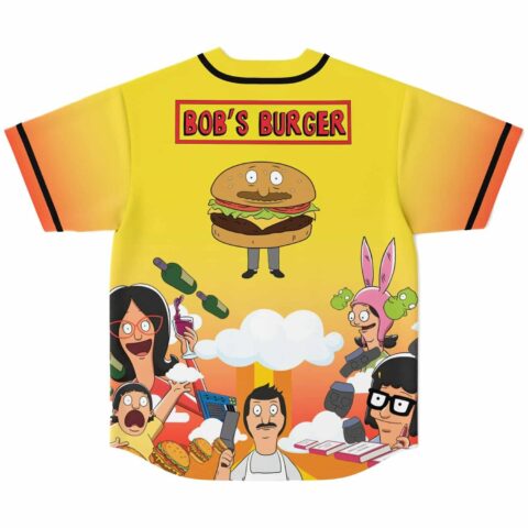 Yellow BOB’S BURGER cartoon food-scene jersey with burger graphic, back view on white background