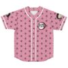 Pink asanoha geometric pattern fronts a button-up jersey with “BASS SLAYER” chest emblem, front view