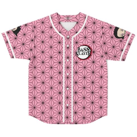 Pink asanoha geometric pattern fronts a button-up jersey with “BASS SLAYER” chest emblem, front view