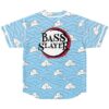 Back view featuring light blue wave pattern, white clouds, and oversized “BASS SLAYER” graphic