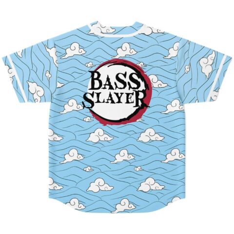 Back view featuring light blue wave pattern, white clouds, and oversized “BASS SLAYER” graphic
