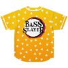 Yellow orange jersey with scattered white triangle pattern and “BASS SLAYER” back graphic, back view