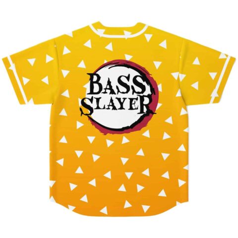 Yellow orange jersey with scattered white triangle pattern and “BASS SLAYER” back graphic, back view