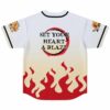 Flame-pattern jersey back view with “SET YOUR HEART A BLAZE” inside a red-black circular brushstroke