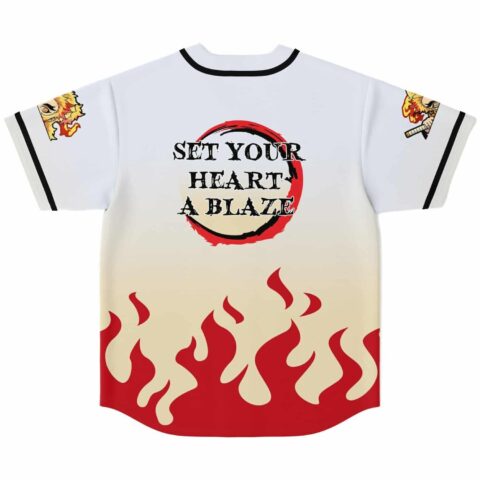 Flame-pattern jersey back view with “SET YOUR HEART A BLAZE” inside a red-black circular brushstroke