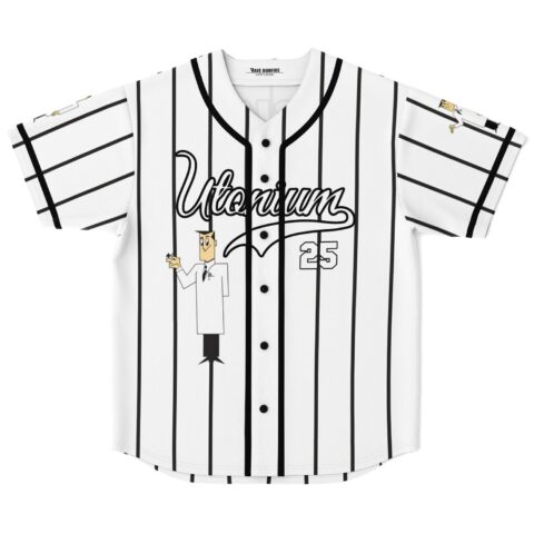 White black-pinstripe jersey front featuring “Uranium,” cartoon scientist artwork, and number 25 on white background