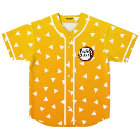 Yellow orange jersey with scattered white triangle pattern and “BASS SLAYER” chest graphic, front view