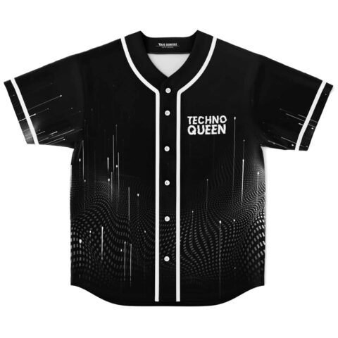 Black-and-white halftone wave jersey front with white piping and “TECHNO QUEEN” text, studio product view