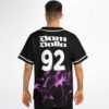Model showing back of black and purple fluid marble jersey with oversized white number 92