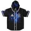 Cosmic starfield hooded baseball jersey front view with white piping, buttons, and “FMUOAST” lettering