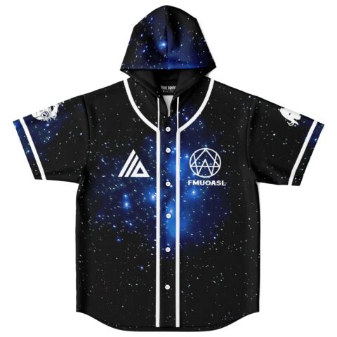 Cosmic starfield hooded baseball jersey front view with white piping, buttons, and “FMUOAST” lettering
