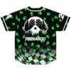 Neon green alien-head pattern jersey with warped checkerboard lower half and REEKABOO graphic, back view