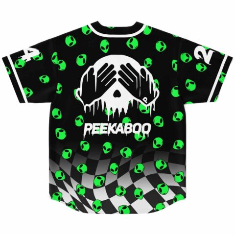 Neon green alien-head pattern jersey with warped checkerboard lower half and REEKABOO graphic, back view