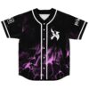 Black purple fluid marble jersey with white piping and angular emblem, front view