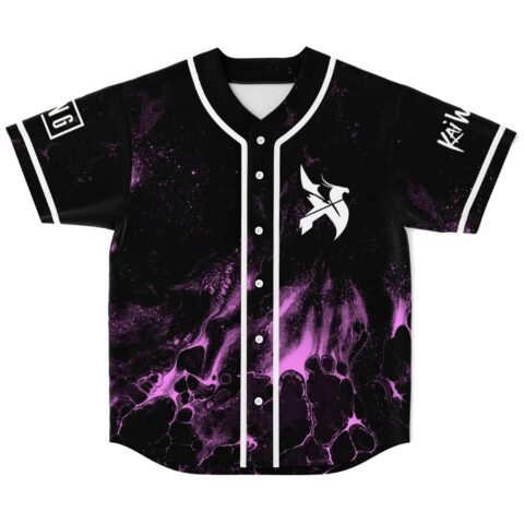 Black purple fluid marble jersey with white piping and angular emblem, front view