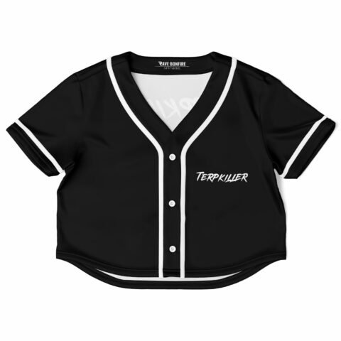 Black cropped baseball jersey with white text and accents