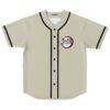 Cream baseball jersey with black trim, buttons, red bass-inspired “BASS SLAYER” chest emblem