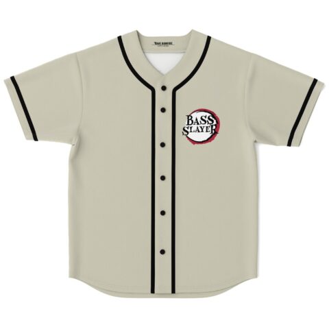 Cream baseball jersey with black trim, buttons, red bass-inspired “BASS SLAYER” chest emblem