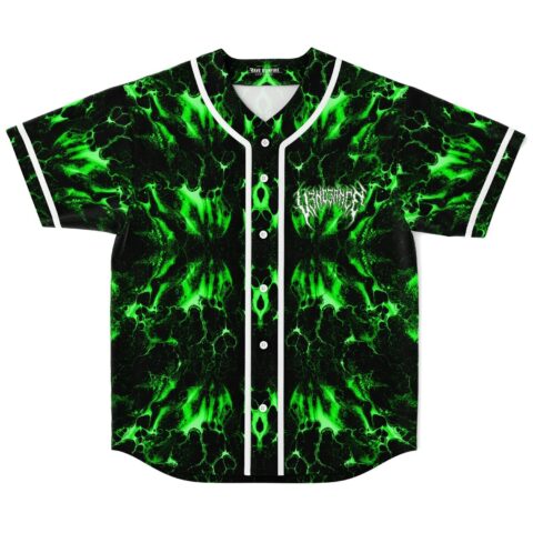 Black and green marbled jersey front view with white piping and button closure