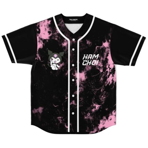 Black and pink acid-splatter jersey with cartoon cat and HARM THOL text, front view