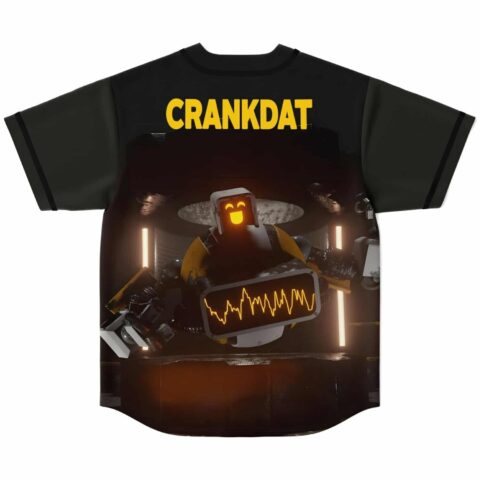 Robot-themed back graphic with glowing waveform display and yellow lettering, flat-lay view on white