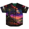 Front view reveals a neon forest landscape with geometric overlays, butterflies, and sunset hues
