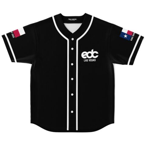 Black baseball jersey with white buttons and logo design