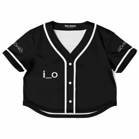 Black cropped baseball jersey with white trim and playful text design