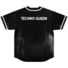 Black-and-white halftone wave jersey back featuring “TECHNO QUEEN” text and white trim, studio view