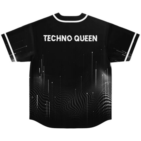 Black-and-white halftone wave jersey back featuring “TECHNO QUEEN” text and white trim, studio view