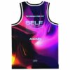 Abstract iridescent swirl basketball jersey back view reads “I’M GONNA FIND MY SELF AGAIN”