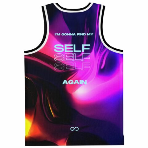 Abstract iridescent swirl basketball jersey back view reads “I’M GONNA FIND MY SELF AGAIN”