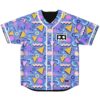 Periwinkle blue geometric pattern jersey with pink circles, yellow triangles, and chest emblem, front view