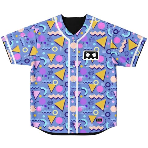 Periwinkle blue geometric pattern jersey with pink circles, yellow triangles, and chest emblem, front view
