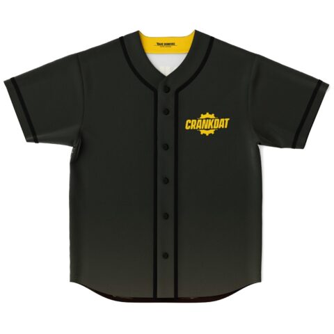 Dark charcoal baseball jersey with yellow gear emblem, flat-lay front view on white background