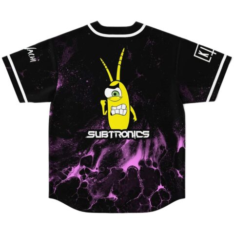 Black purple fluid marble jersey with yellow cartoon-style creature, back view