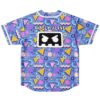 Periwinkle blue geometric pattern back with bold white lettering and large black emblem, rear view