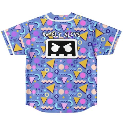 Periwinkle blue geometric pattern back with bold white lettering and large black emblem, rear view