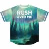 Teal fantasy landscape jersey back view with “RUSH OVER ME” text and towering crystal spires