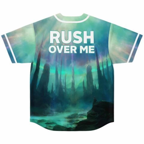 Teal fantasy landscape jersey back view with “RUSH OVER ME” text and towering crystal spires