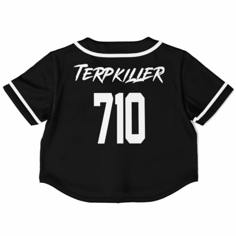 Back view of black cropped jersey with white graphic prints